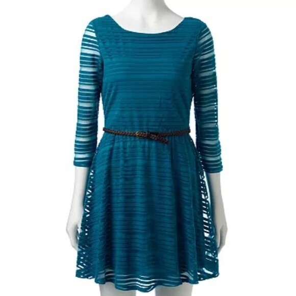Lily Rose shadow striped teal green belted dress size small - Picture 3 of 8